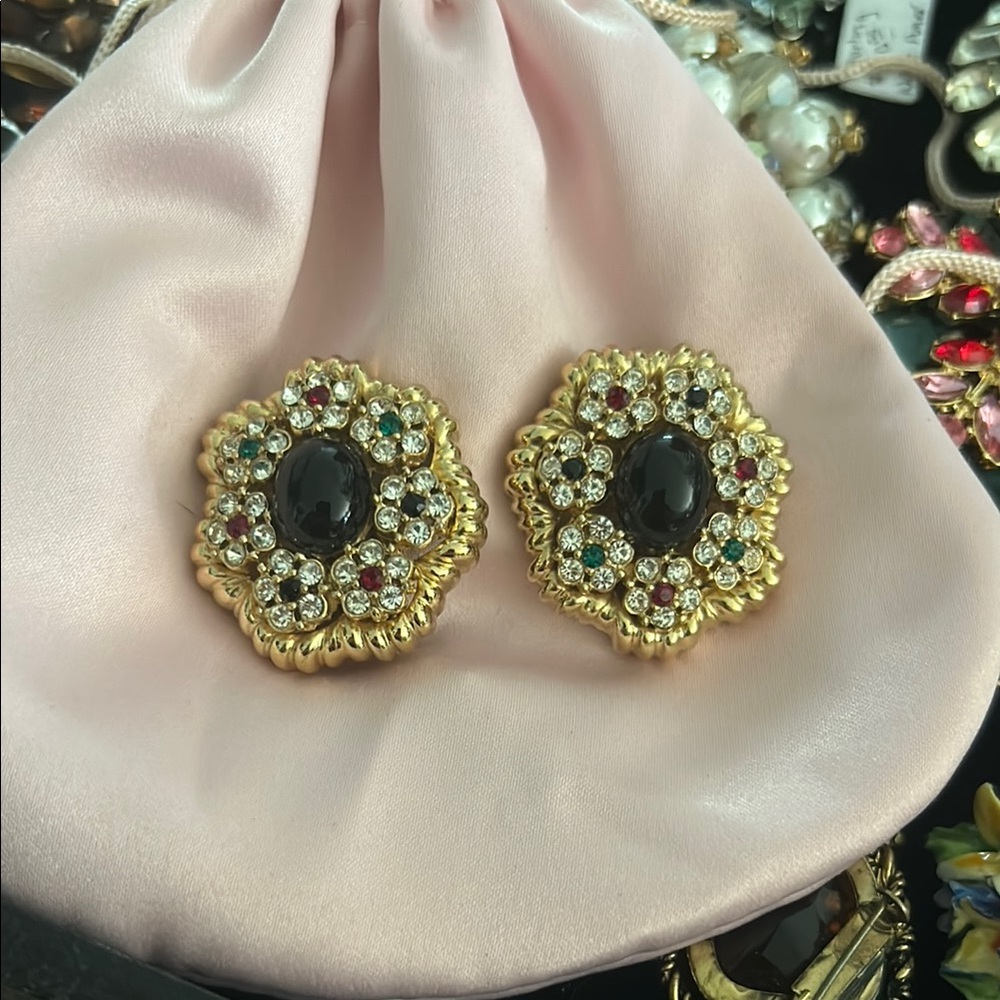 Ciner Vintage Estate Quality Crystal Cabochon Mughal Style Clip Earrings RARE